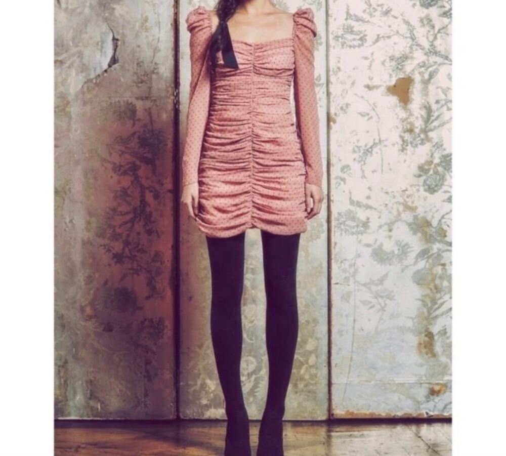 Mestiza Francesca Polka Dot Ruched Ling Sleeves Dress Size 8 NWT Pink Black
